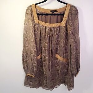 Ted Baker brown and tan geometric print 100% silk dress with bell sleeve size 1